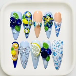 NailPopCo | 3D Lemon & Blueberry | Press On Nails, Cute Summer Nails for Women & Girls