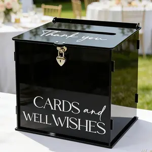 Black Acrylic Card Box with Lock & Slot, Gothic Wedding Card Box for Reception, Elegant Money Envelop Gift Card Box for Party Wedding Birthday Baby Shower Graduation Table Decor