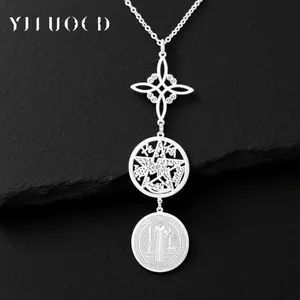 Triple Protection Necklace With Witch Knot Pentagram Tetragrammaton St. Benedict Stainless Steel Spiritual Symbol Amulet Jewerly