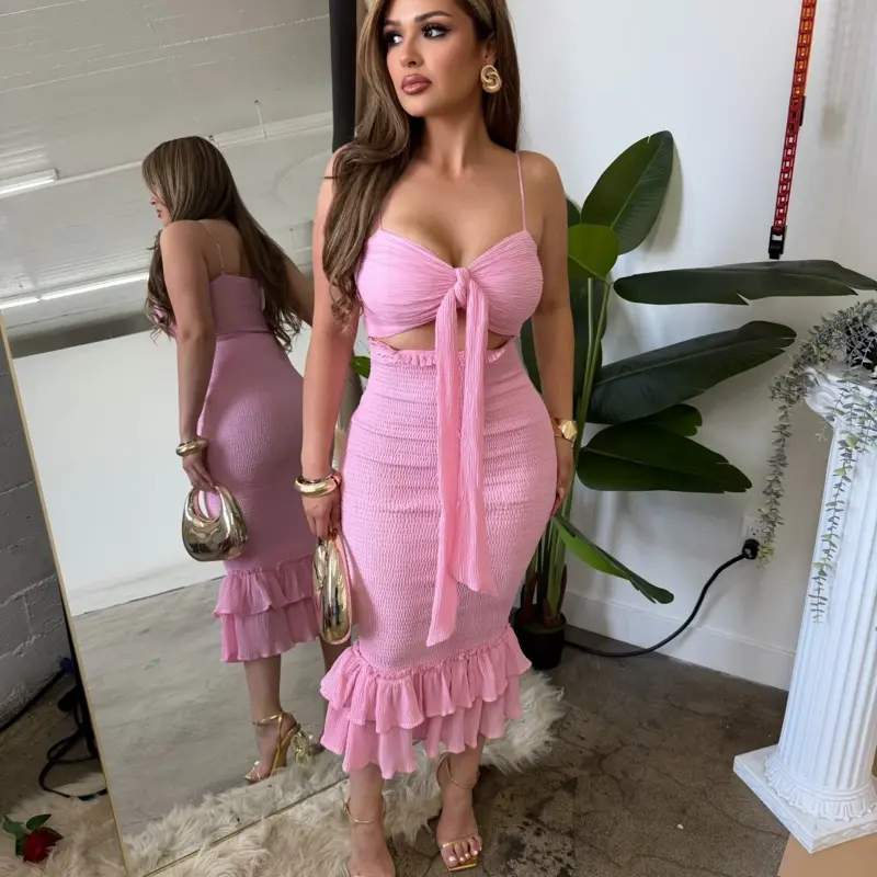 Nadia Midi Dress - Pink Super Stretchy Top Quality with Ruffle Detail - Model Wore Small - Not See Through