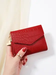 Women's Crocodile-Pattern Tri-Fold Wallet - PU Leather Compact Card Holder with Coin Pocket, Red Small Wallet for Daily Use & Gifts