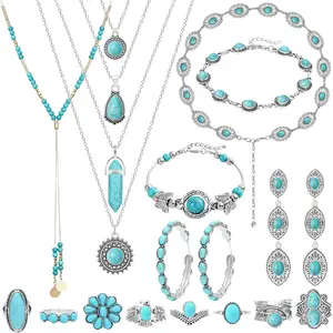 20 count  Bohemian  Set for Women Fashion Costume Jewels Turquoise Necklace Bracelet Ring Earrings Western Turquoise  Set for Women