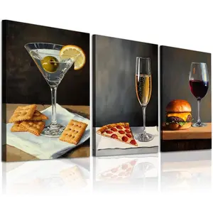 3-piece set 2D flat fun kitchen canvas wall, cocktail and wine gourmet painting printed artwork, with pine frame, pre-installed, modern kitchen and dining home wall decoration, Art Canvas Prints