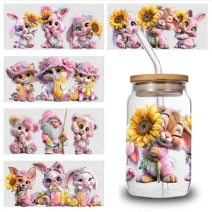 5 Sheets Cute Bunny UV DTF Stickers Self-Adhesive UV DTF Transfer Stickers - 5pcs for Glass Jars, Bottles, Cups - Permanent Decoration Suitable for DIY Crafts, Wine Bottles, Water Bottles, Tea Cups
