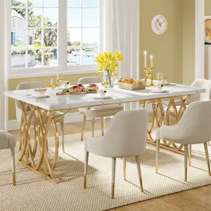 Modern Dining Table, 63" Large Kitchen Table for 4-6 People, Unique Rectangular Dinner Table Kitchen & Dining Room Furniture LITTLE TREE