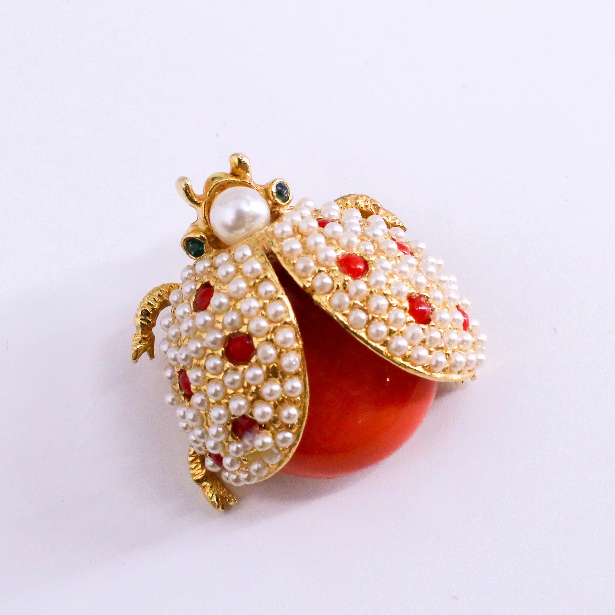 60s hattie carnegie faux pearl ladybug brooch