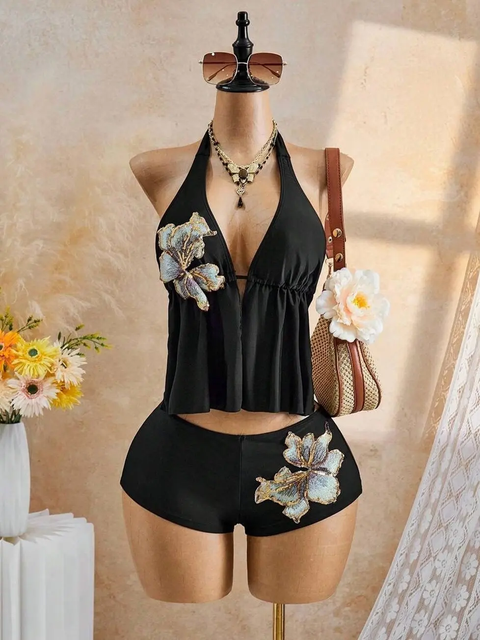2026 Women's Black Tankini Swimwear Set,Rhinestone Floral 2 Pieces Bathing Suit,Tummy Control Y2k Swimwear