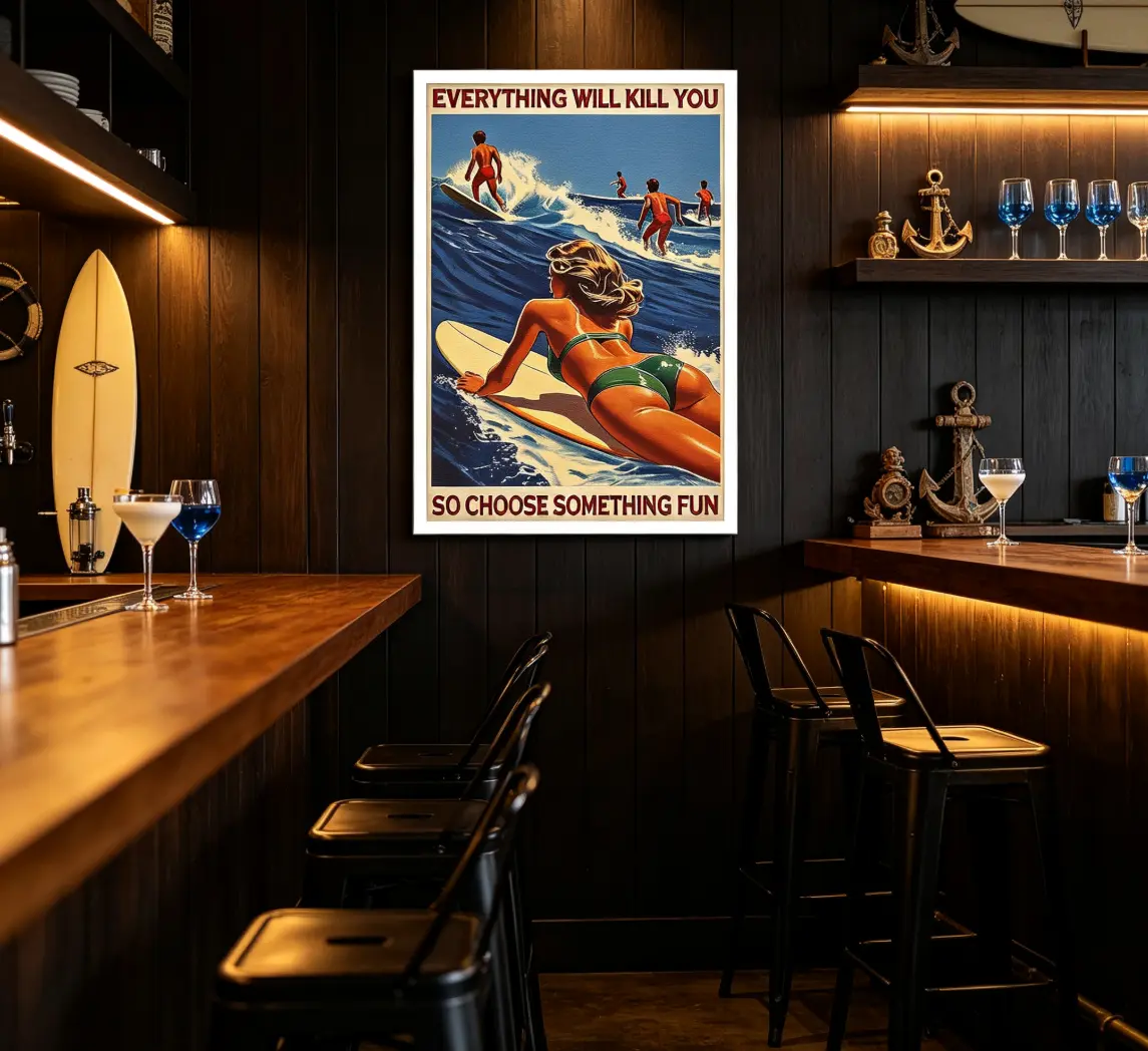 Vintage Surfing Canvas Wall Art Poster - Artistic Sexy Girl Beach Theme Print - Unique Decor for Home Living Room, Cool & Vintage Room Decoration, Home Supplies Wall Decor Accent