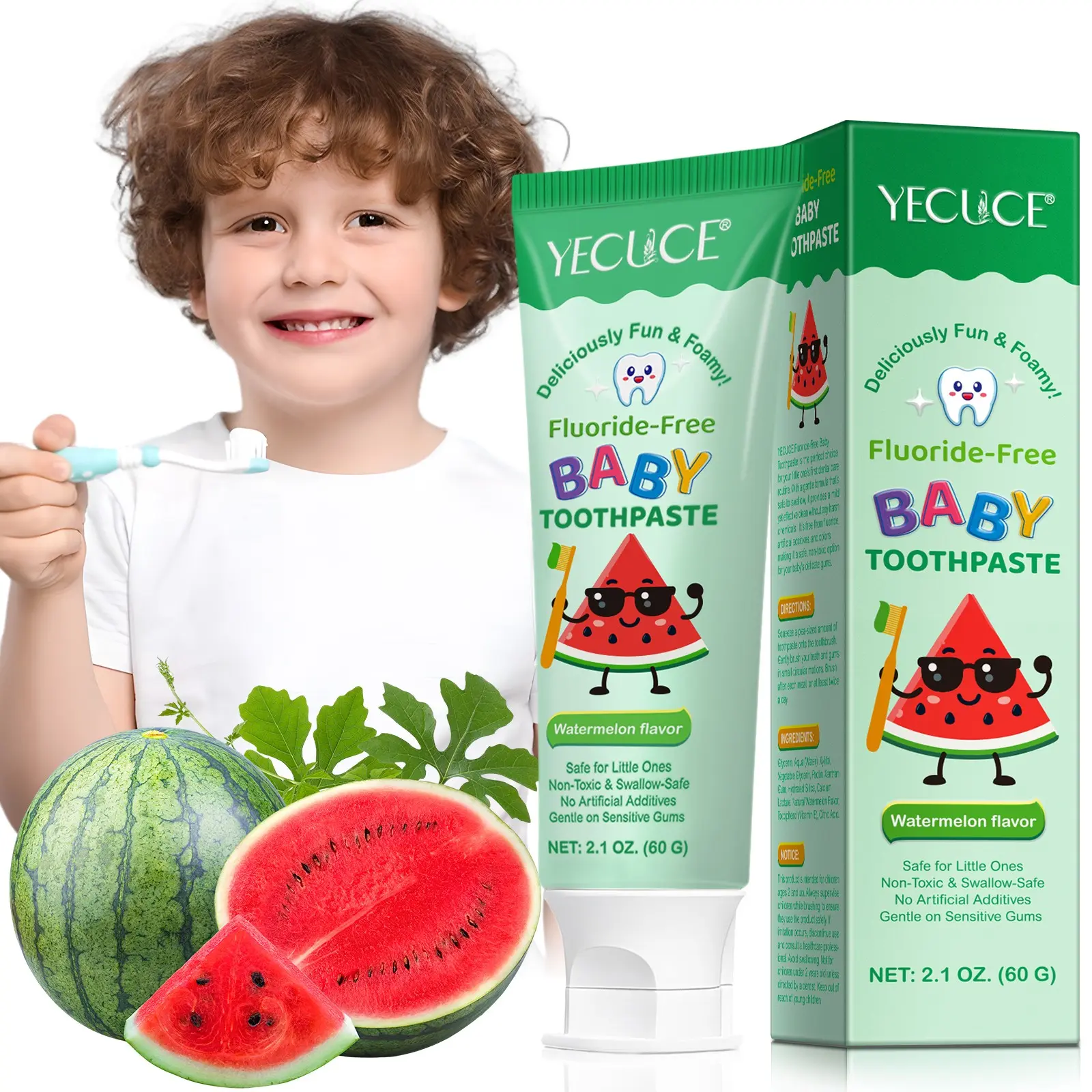 YECUCE Watermelon-Flavored Children's Toddler Toothpaste: With a refreshing watermelon flavor that kids love, it cleans teeth and freshens breath. Made with safe ingredients for added peace of mind.