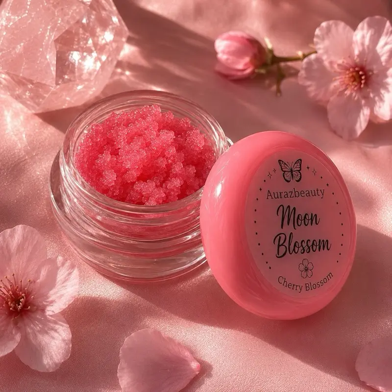 Aurazbeauty Moon Blossom Coconut-Infused Exfoliating Scrub - Gentle Cherry Blossom-Flavored Lip Treatment for Dry, Chapped Lips, Delivers Smooth Results