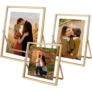 Gold Picture Frames Set of 3, Metal Geometric Photo Frame with Glass Cover Includes 5x7, 4x6, 4x4 - Tabletop Floating Picture Frames for Home Wedding Decoration, Gift for Father's Day