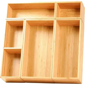 Drawer Organizer Storage Boxes, 2.5" High Bamboo Drawer Dividers, 5 Rearrangeable Bins for Kitchen, Office Desktop, Clothing, Makeup, Vanity, Jewelry