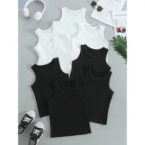 8-piece set of boys' tank tops, black and white mixed multi-piece set for infants, toddlers, and elementary school students, versatile sleeveless tank tops, simple style basic design, suitable for beach vacations or as a base layer tank top