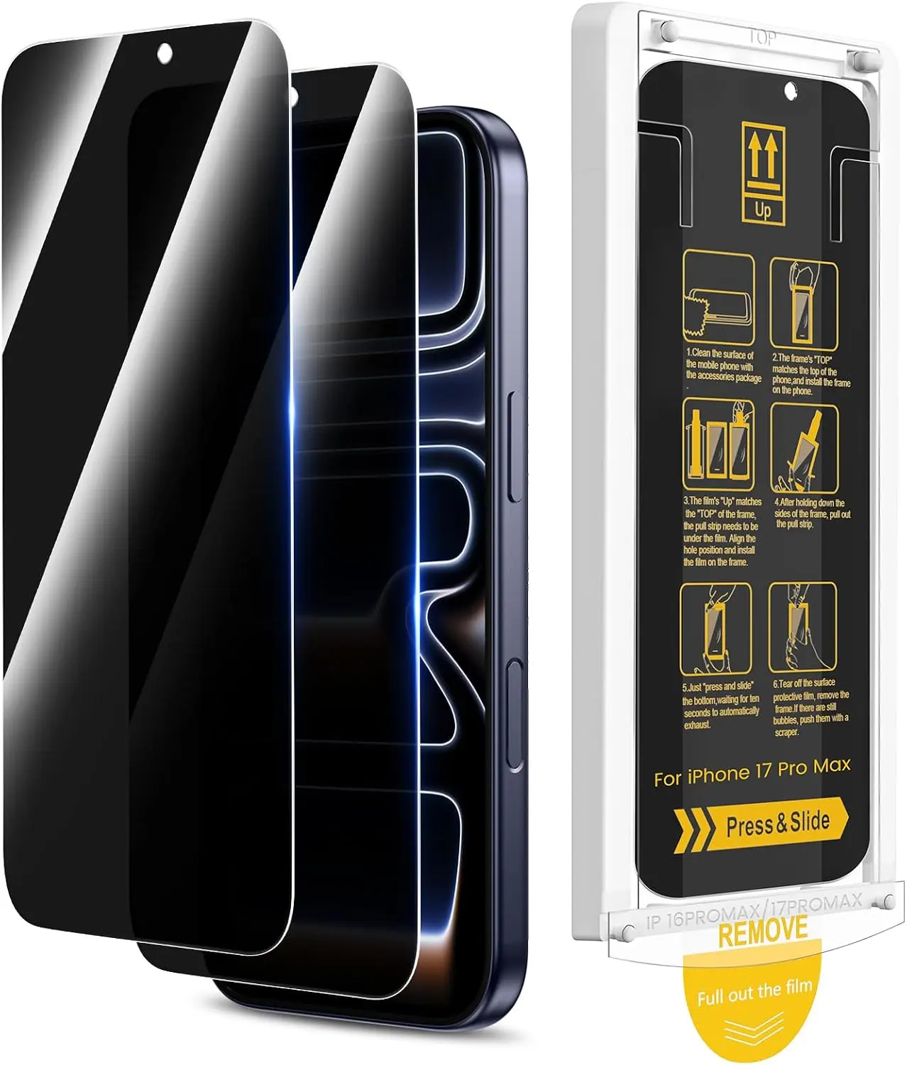 AnyMoon 2-Pack Deal Privacy Screen Guard for iPhone 17 Pro Max, 9H Hardness Enhanced Tempered Glass, Easy Installation Tool, Anti-Spy, Reduced Brightness