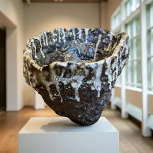 Volcanic Textured Ceramic Vessel – Crackled Glaze Sculpture Handcrafted with Cratered Surface & Flowing Glaze for Indoor Outdoor Use
