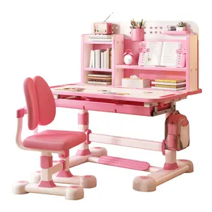 2Pcs Kids Study Desk Chair Set: Height Adjustable, Ergonomic with Sitting Corrector, Book Stand, Foot Pedal, Partition Design - Pink or Blue