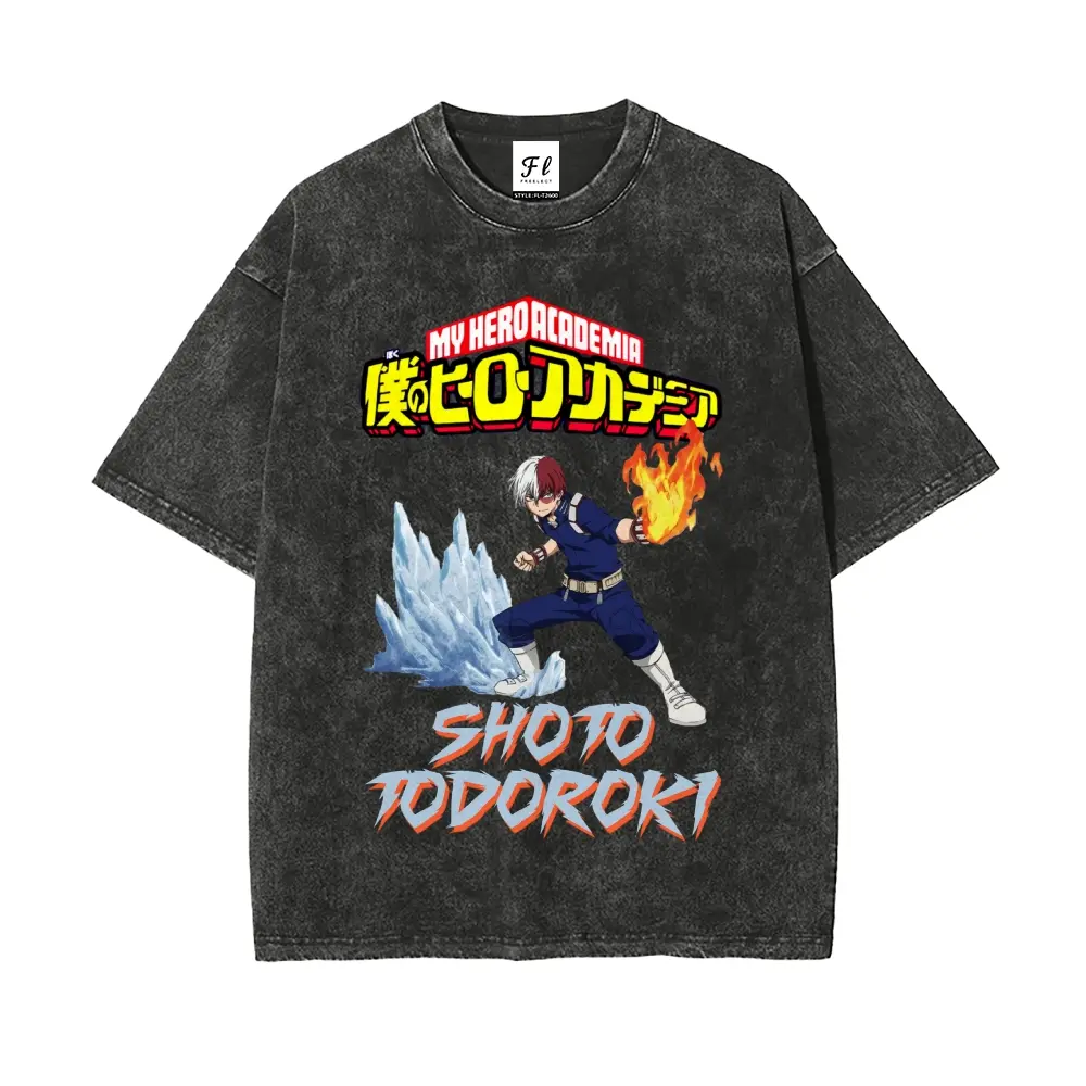 My Hero Academia Shoto Todoroki Vintage Washed Short-Sleeve T-Shirt - Breathable Oversized Cotton Top, Retro Anime Print Casual Streetwear for Men Fans, Tshirt, Shortsleeve, Menswear, Classic, Round Neck, Soft, Graphic, Tee, Oversized Fit, Stone-Wash, All