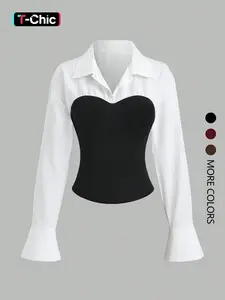 This women's white slim long-sleeved blouse with puff sleeves and patchwork, Casual elegant and versatile, suitable for everyday wear and various occasions, Shirt, Top