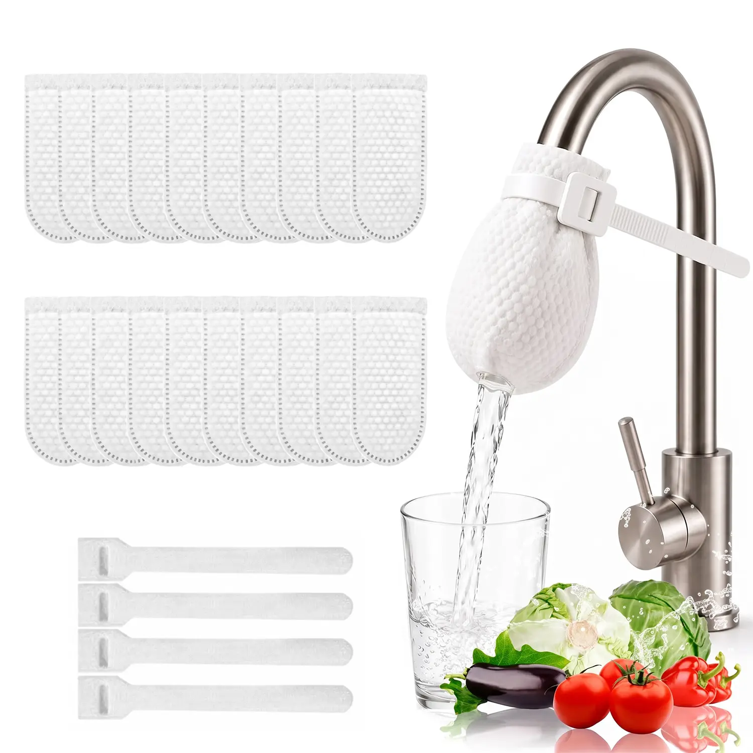 20 Pack Cotton Faucet Filter Bags, Disposable Tap Water Sediment Filter Socks with Elastic Cuff & 4 Fastening Straps, Splash Reducing Faucet Filter for Kitchen Bathroom Sink, Fits Faucets Under 1"