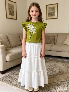 Girls' Summer 2026 New Fashion 3D Flower Sleeveless Top and Skirt Set, Casual Loose-Fitting Ditsy Floral Dress for Kids