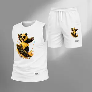 Men’s Cartoon Panda Graphic Print Summer Set Sleeveless Tank Top & Shorts Matching Outfit, Skateboard Style Animal Print Lightweight Casual Streetwear Athletic Set for Everyday & Holiday
