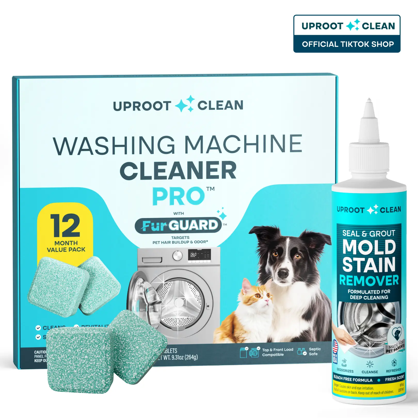 Uproot Clean PET HOME Washer Reset Bundle – Mold Stain Remover Gel & Enzyme Cleaner Tablets – Bleach-Free Seal & Drum Deep Clean for HE, Front & Top Load – Pet-Safe & Septic Safe