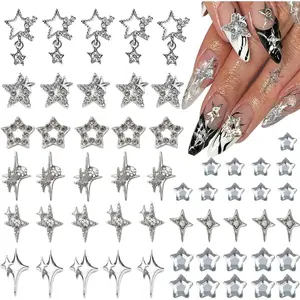 55pcs Y2K Star Nail Charms - 3D Nail Art Charms, Silver Star Rhinestones for Women & Girls (9 Styles)