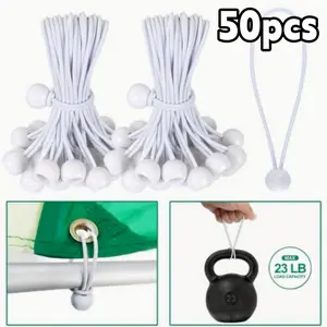 50pcs White Heavy Duty Bungee Cords with Balls - 6 Inch Elastic Tarp Tie Down Cord for Shelter, Camping, Cargo, Tent Poles - Durable Outdoor Storage & Support, Camping Essentials, Sturdy Construction