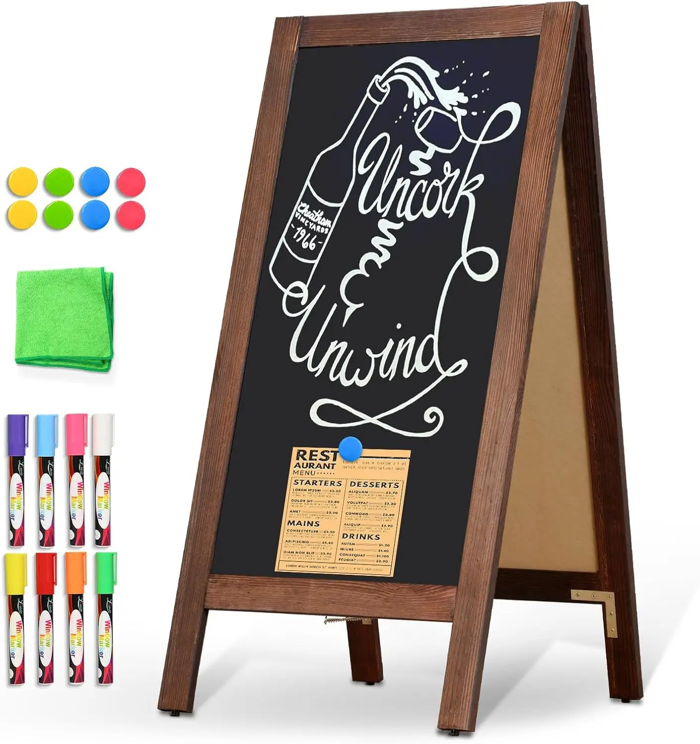 A Frame Chalkboard Sign 40'' x 20'' Double-Sided  Sildwalk Sandwich Board Rustic Pine  Frame Menu Board for Outdoor, Cafe, Wedding, Business with 8 Markers, Brown