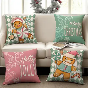 4pcs Christmas Pillow Cover, Merry Christmas Gingerbread Man Pattern Cushion Cover, 18x18 inches, Retro Fresh Diamond Grid Gingerbread Baking Printed Pillow Cover, Winter Festival Home Sofa Decoration, Christmas Decorations (without Pillow Core)