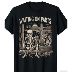 Waiting For Parts Mechanic Skeleton Graphic Tee Valentine Gift For Him Her Cute Fashion Comfort Cotton Oversized Outfit Streetwear Casual Holiday Gift For Couples