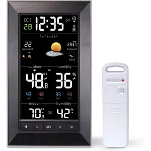 Digital Weather Station with Indoor/Outdoor Temperature Humidity & Time Display Easy Wall Mount 12-24 Hour Forecast Black for Home & Office