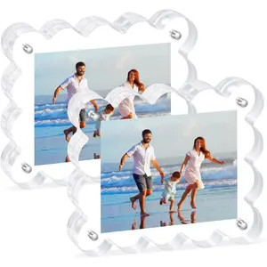 2Pack   Picture Frames 2x3 Inch - Scalloped Glass Frame with 10+10mm Thick Block, Double Sided Clear Frames for Desktop Display | Trendy Home  (2 Pack, 2x3)