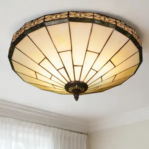 Tiffany Lamp Stained Glass Ceiling Light 2 Light 16 Inches Wide Cream Tiffany Style Semi Flush Mount for Dining Room Porch Hallway Kitchen Entryway