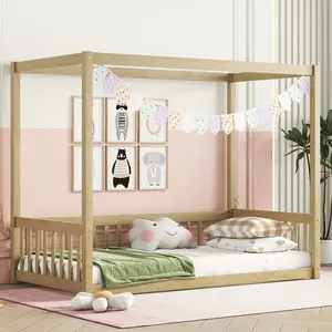 Twin Size Canopy Bed Frame with Guardrails，Floor Bed Twin with Four Poster Design,Montessori Floor Bed,Canopy Frame Floor Bed with Fence(Twin)