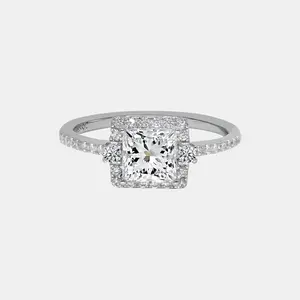 【719】“Begin Again” 3-Stone Halo Set 1 Carat Princess Cut Synthetic Moissanite Ring - Elegant, Fashion, Wedding, Anniversary Jewelry Gift