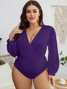Plus Size Women's Deep V Neck Long Sleeve Bodycon Jumpsuit, Sexy Casual Style, Cross Wrap Design, Bubble Sleeves, All Seasons