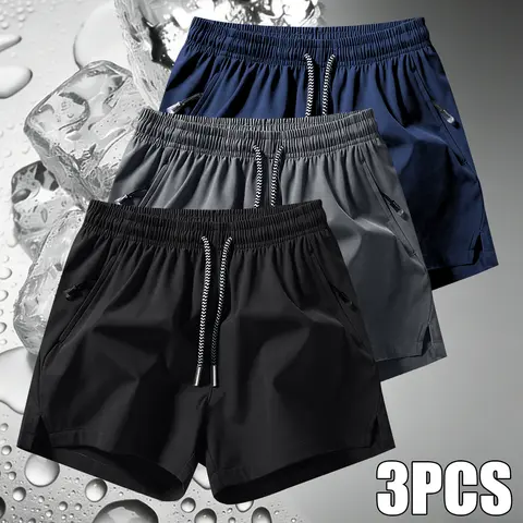 Men's 3-Piece Plain Solid Color Casual Shorts Set - Drawstring Zip Pocket Sports Shorts, True to Size, 3-Pieces Simplifies Outfit Choices, Mix & Match, Summer Hot Weather Menswear for Gym & Outdoor Wear