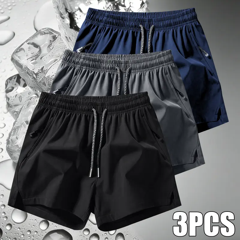 Men's 3-Piece Plain Solid Color Casual Shorts Set - Drawstring Zip Pocket Sports Shorts, True to Size, 3-Pieces Simplifies Outfit Choices, Mix & Match, Summer Hot Weather Menswear for Gym & Outdoor Wear