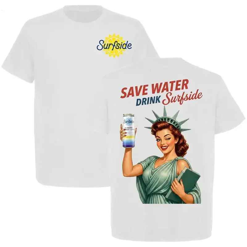 Surfside Save Water Drink Canned Cocktail Graphic T-Shirt, Lady Liberty Can Tee, Funny Summer Drinking Shirt, Casual Unisex Gift for Men Women Fans US
