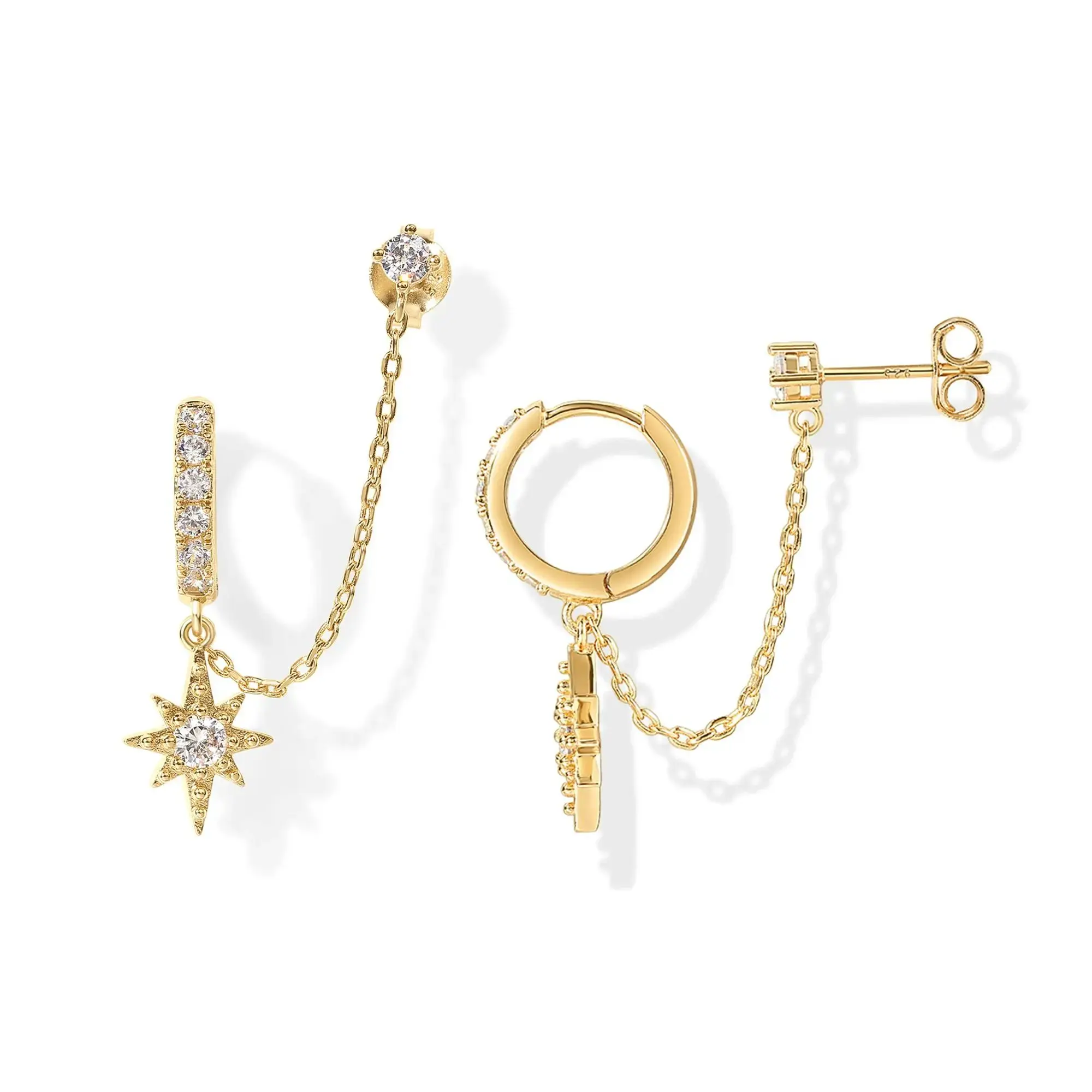 PAVOI 14K Gold Plated Chain Earrings for Women - Double Piercing Dangle Chain Huggie Hoop Earrings - Cubic Zirconia Single Stud Ear Cuff Earrings for Women