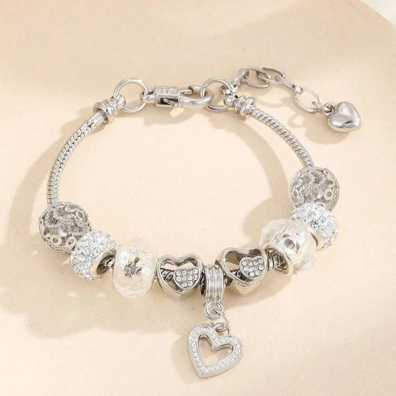 2024 Summer Fashion Rhinestone Decorated Heart Charm Bracelet, Fashion Jewelry for Party, Daily Clothing Decor, Trendy All-match & Exquisite Jewelry for Birthday Gift, Heart Shaped Bracelet, Fashion Bracelets
