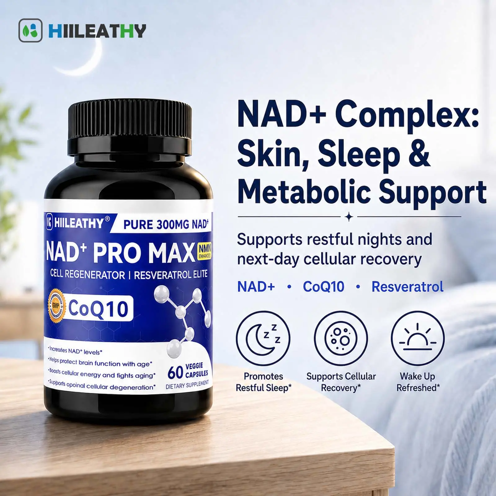 HIILEATHY NAD+ Pro Max - Pure 300mg NAD+, CoQ10 & Resveratrol Supplement with Black Pepper Extract for Energy Focus Heart Health Anti-Aging 60 Veggie Capsules Made in USA Gmo Free Edible