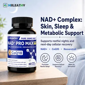 HIILEATHY NAD+ Pro Max - Pure 300mg NAD+, CoQ10 & Resveratrol Supplement with Black Pepper Extract for Energy Focus Heart Health Anti-Aging 60 Veggie Capsules Made in USA Gmo Free Edible