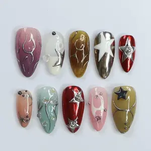 3D Freestyle Almond Goth Press On Nails, Handpainted Luxury Acrylic Gothic Fake Nails, Emo Y2K Style