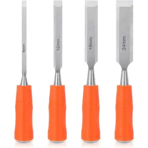 4 Piece Wood Chisel Set for Woodworking with Steel Hammer End and Ergonomic Plastic Handle, Sizes 6mm 12mm 18mm 24mm Woodworking Hand Tools