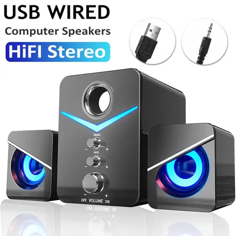 Dazone USB Wired Computer Speakers System Stereo Bass Subwoofer with LED Light For Desktop Laptop PC Compact Audio