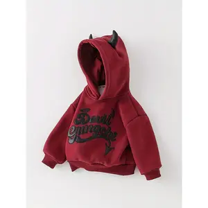 Boys Fleece Hoodie Red Devil Letter Pattern Winter Warmth Loose Casual Pullover Machine Washable Christmas Halloween 2025 New Stylish Design Durable Material Kids Hooded Sweatshirt