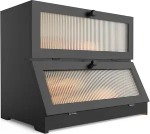 NEW Double Layer Bamboo Bread Box for Kitchen Counter-Large Capacity Bread Storage Container Farmhouse Bread Box with Window Bread Holder (Black)