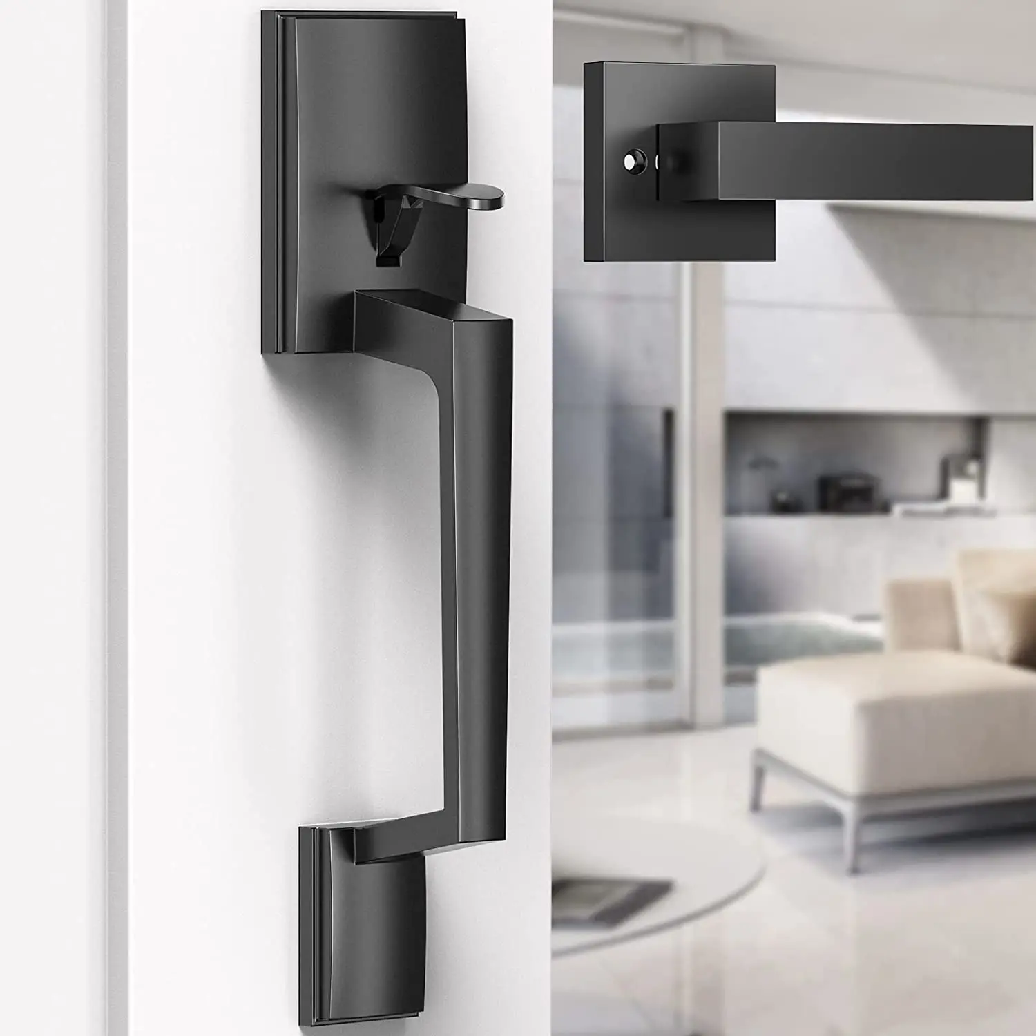 Brightify Front Door Handle, Modern Exterior Door Handle with Passage Lever, Front Entry Door Handle No Lock, Reversible for Left & Right Hand Door, Lower Half Grip